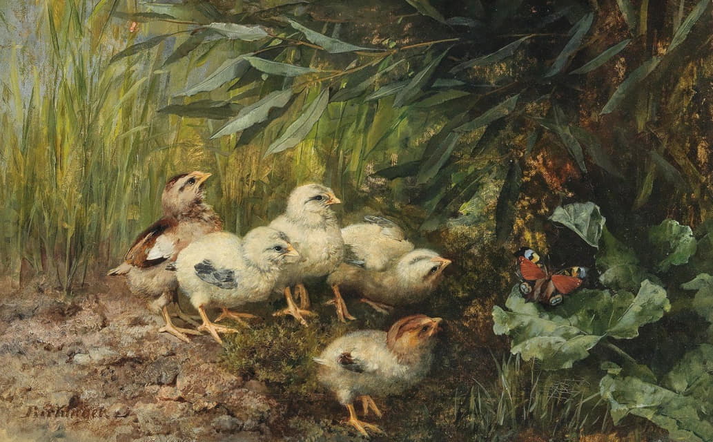 Franz Xaver Birkinger - Chicks and a Butterfly,