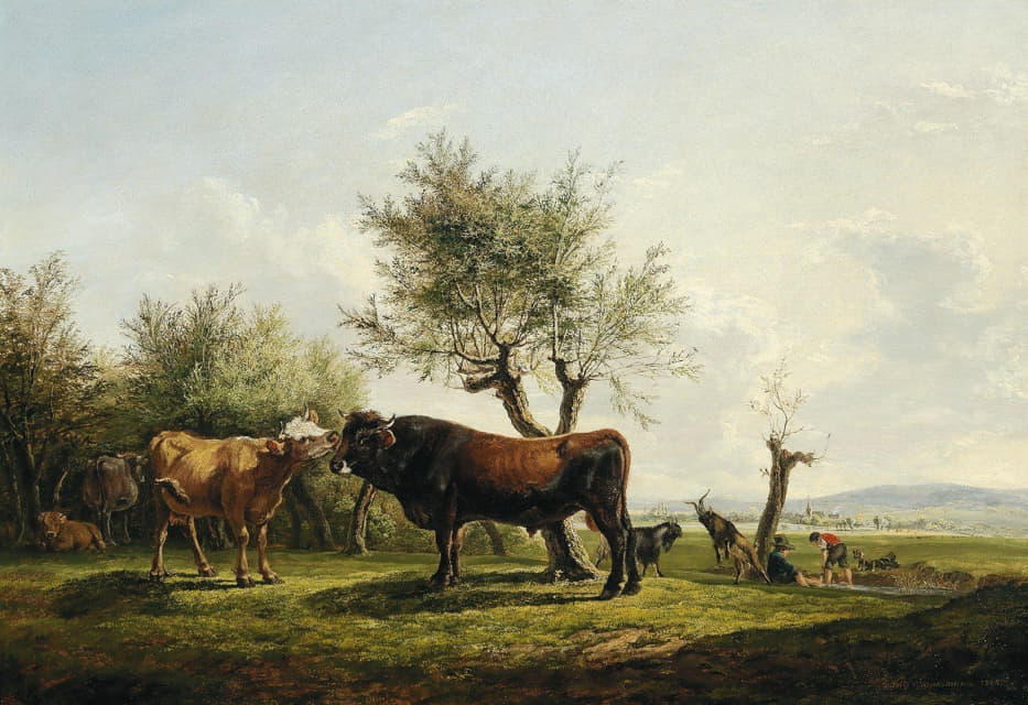 Friedrich August Matthias Gauermann - A Cow Licking a Bull in the Pasture
