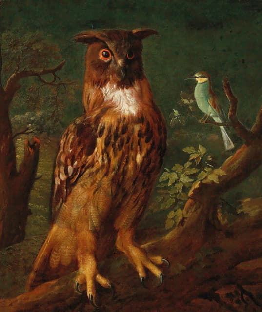 German School - An owl and a blue tit sitting in a tree