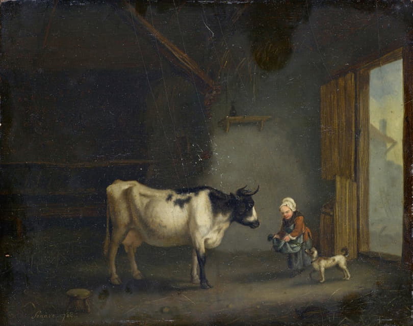 在马厩里牵着奶牛的女孩