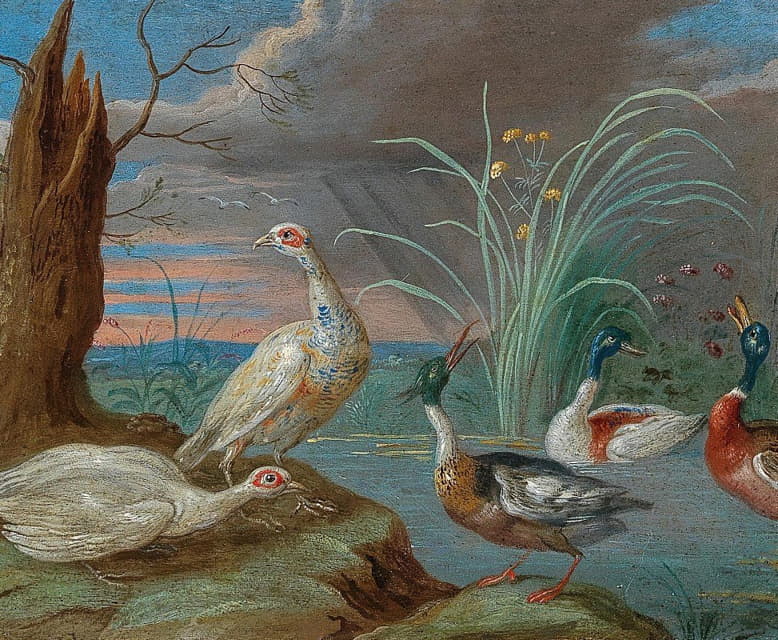 Jan Van Kessel The Elder - Ducks and other birds near a pond