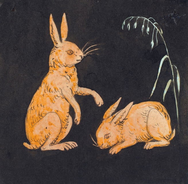 背景为黑色的两只野兔。装饰设计