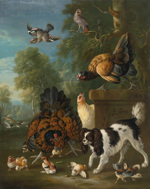 Pieter Casteels III - A Family Of Chickens Fending Off A Spaniel In A Landscape