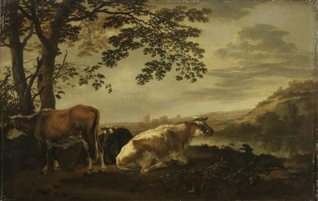 Abraham Van Calraet - Cattle on a River Bank Netherlands