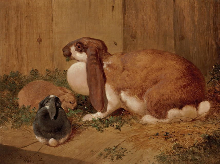 Benjamin Herring - A Lop-Eared Doe Rabbit and her Young