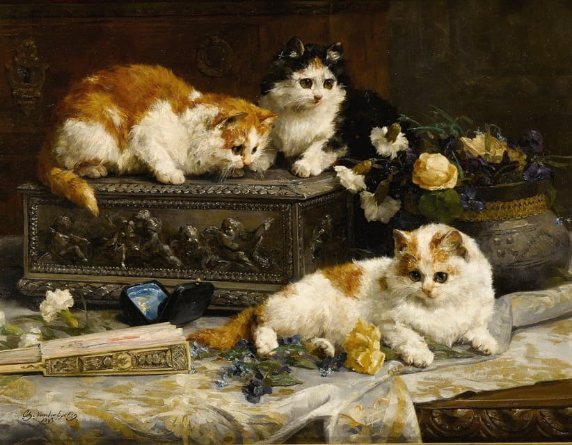 Charles Van Den Eycken - Three Watchful Kittens