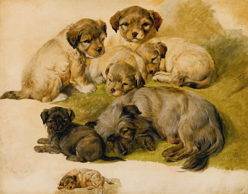 Circle of Sir Edwin Henry Landseer - Study Of A Terrier And Puppies