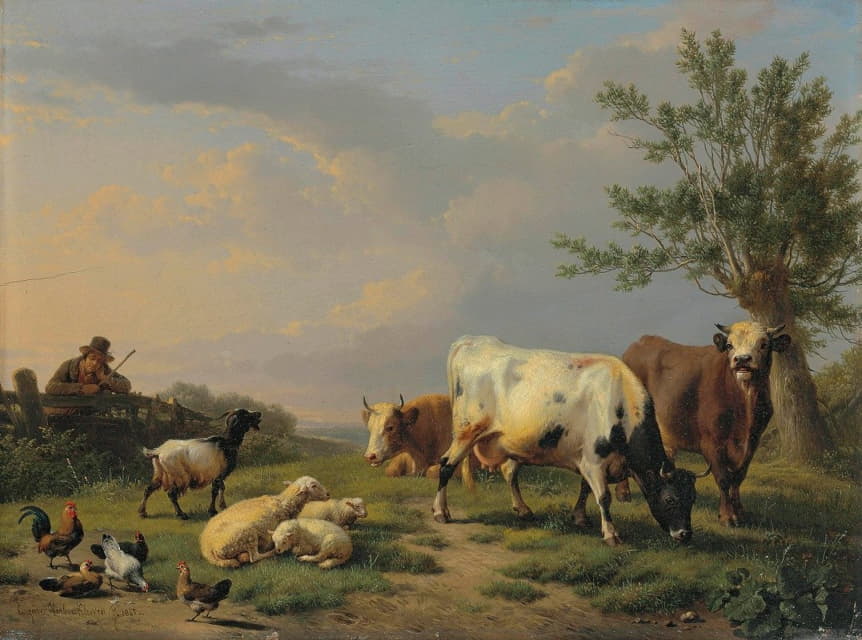 一位农民，在一片风景中养着三头牛、三只羊、一只山羊和五只鸡