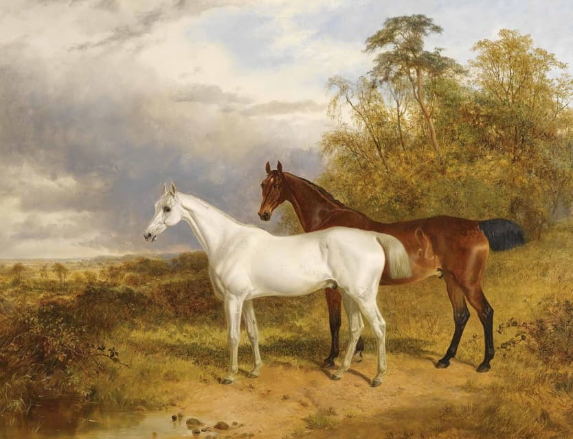 James Walsham Baldock - A Bay And Grey Horse In A Landscape