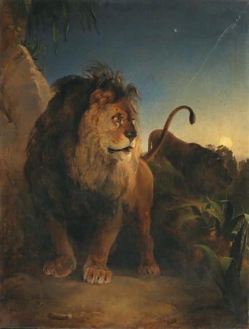 Johann Fischbach - Pair of Lions on a Moonlit Night