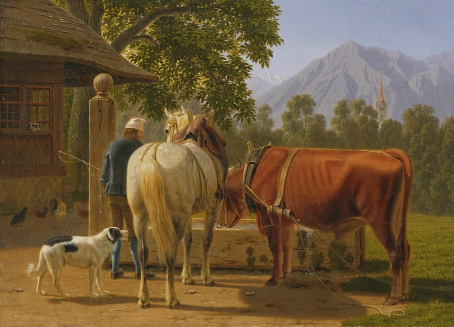 一匹马和一头牛在一口井旁，在尼森峰的背景下