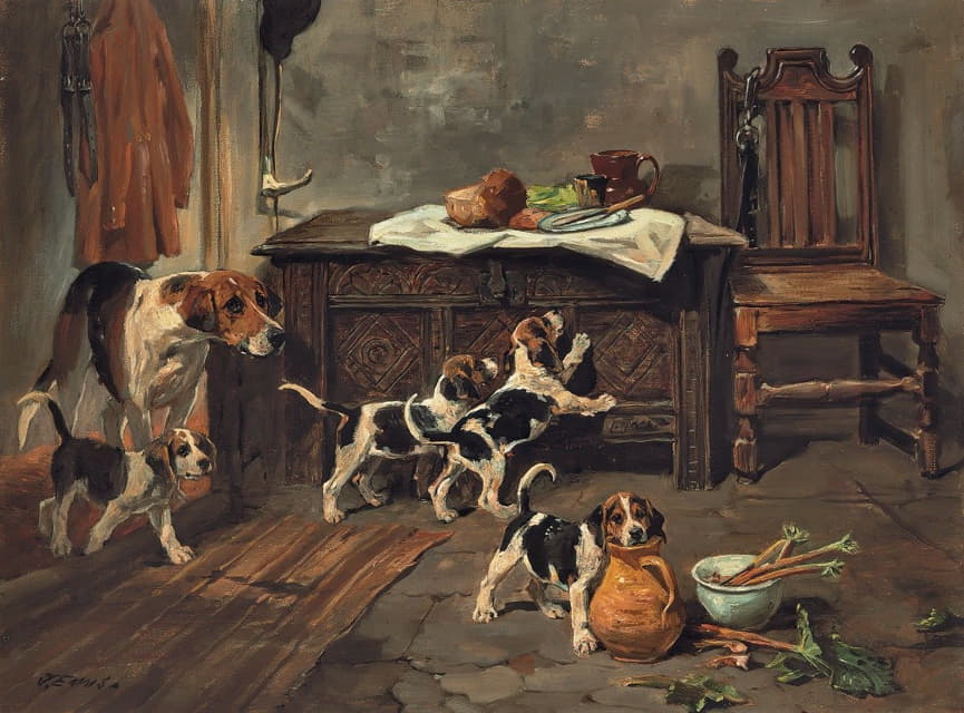 John Emms - Hounds And Puppies In An Interior