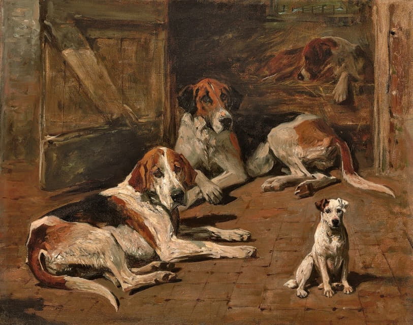 John Emms - Hounds and a Terrier in a Stable