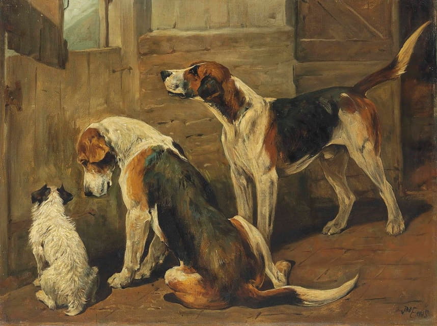 John Emms - Waiting for the Hunt; a Terrier and Two Hounds