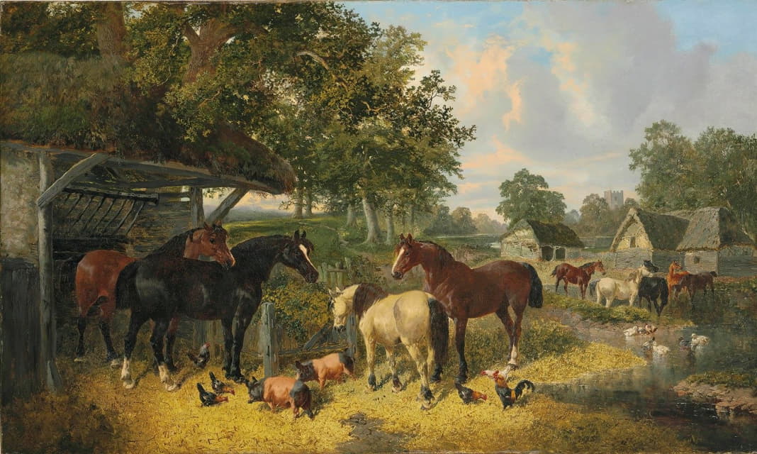 农场院子里的马、猪和鸡