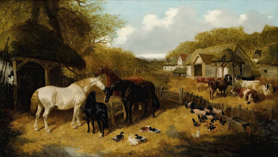 农场院子里的牛、猪、鸭、鸡和马