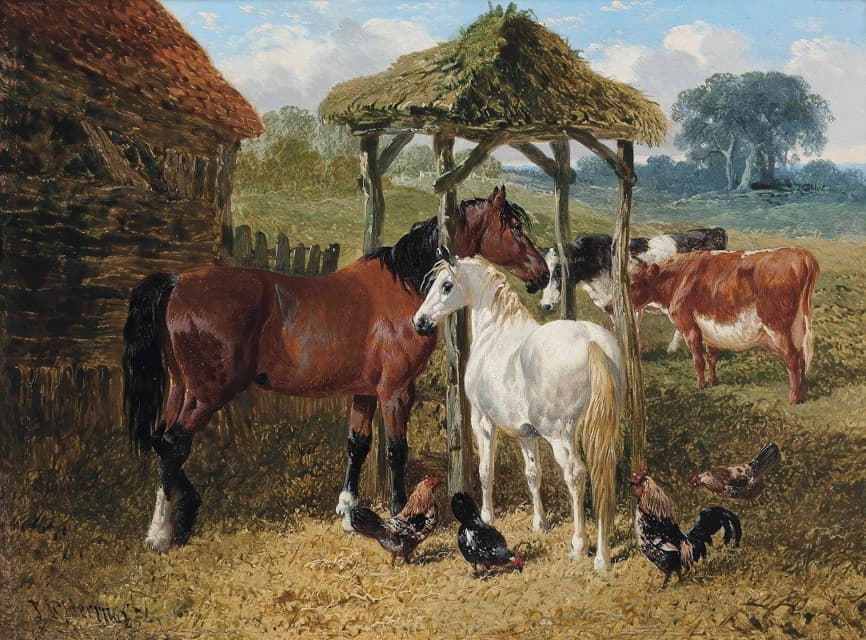 农场院子里的马、牛和鸡