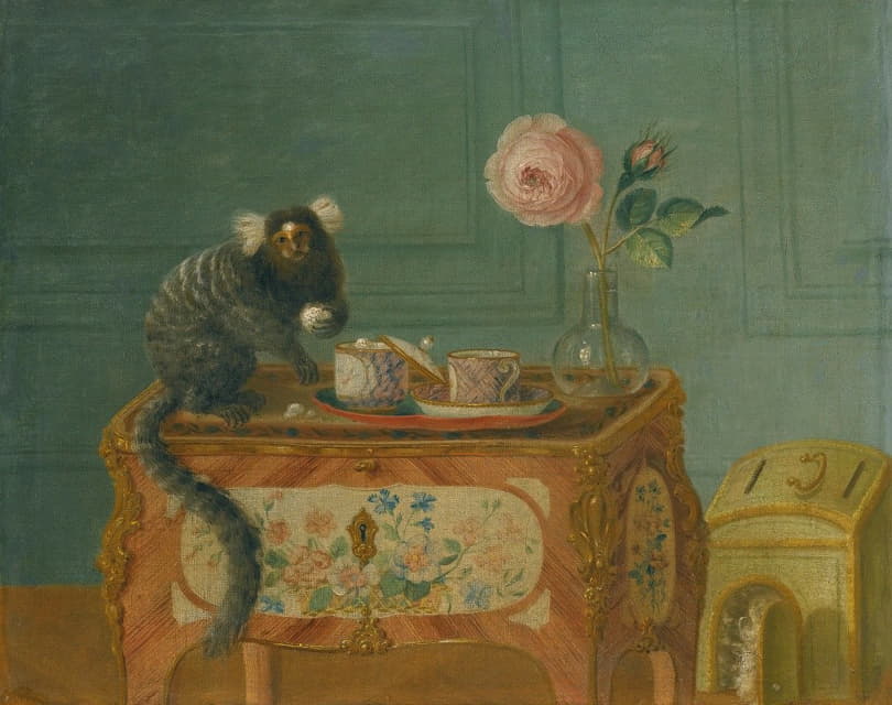 Louis Tessier - A Marmoset Taking Sweets On A Painted Commode