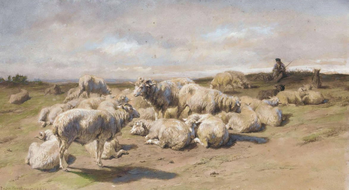 与羊群一起休息的牧羊人