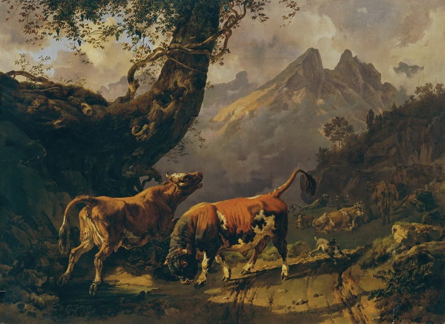 Johann Nepomuk Rauch - Stier, eine Kuh verfolgend, im Hintergrund Landschaft bei Carrara