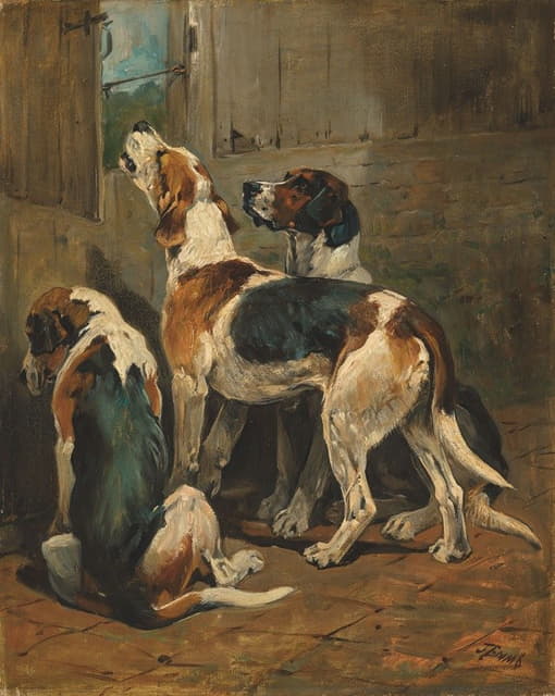 John Emms - Foxhounds at a kennel door
