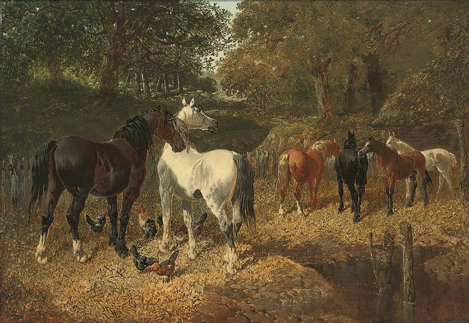John Frederick Herring Jr. - Hens and horses by a stream