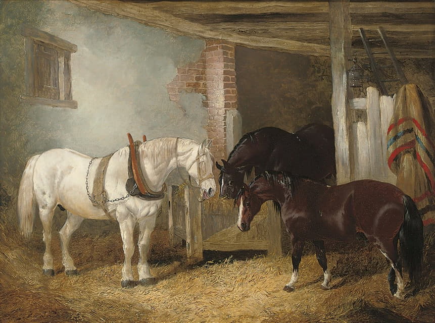 马厩里的三匹马由马槽喂食