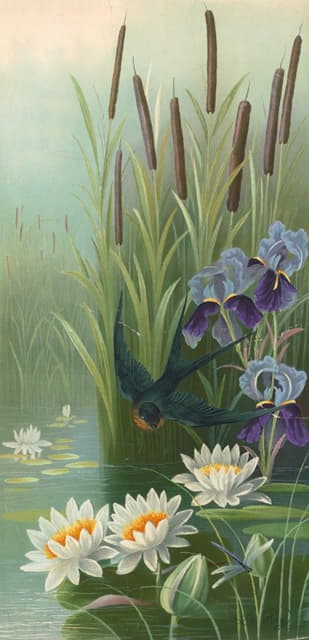 带猫尾植物、鸢尾花和睡莲在水面上飞翔的鸟