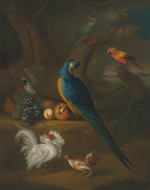 Leonard Hübner - A macaw and other birds in a landscape