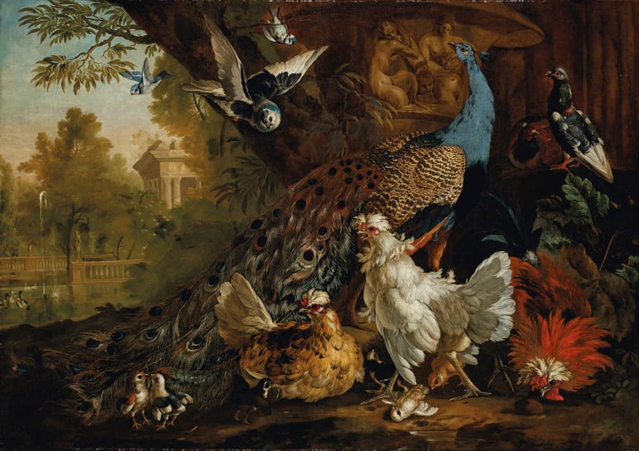 Pieter Casteels III - A peacock, chickens, pigeons and other birds in a landscape