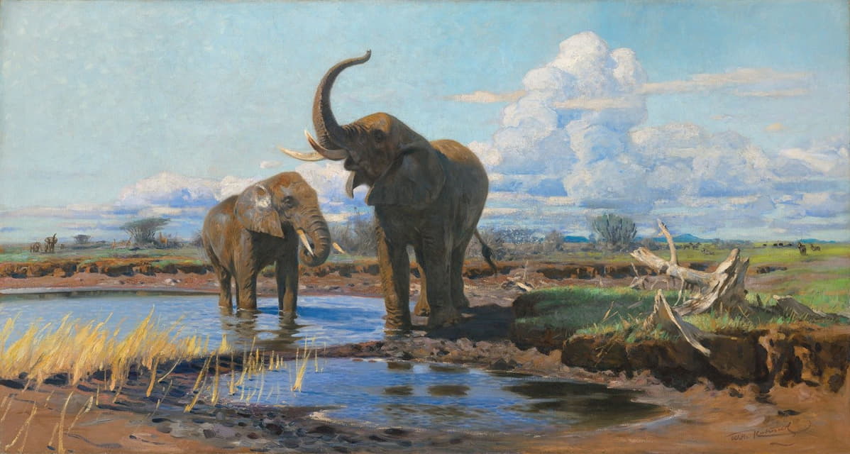 Wilhelm Kuhnert - Elephants at a waterhole
