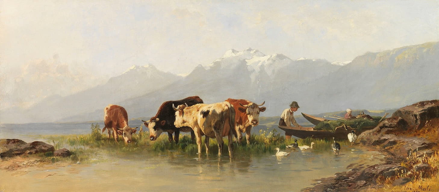 阿肯西湖上一个农夫和一个农夫，带着鹅和牛