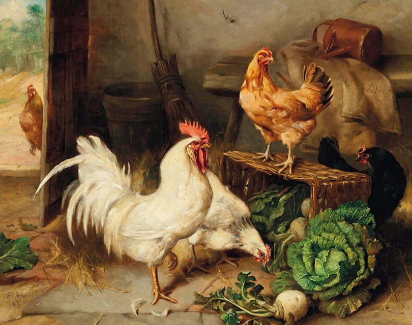 Edgar Hunt - Chickens and cockerel in a barn