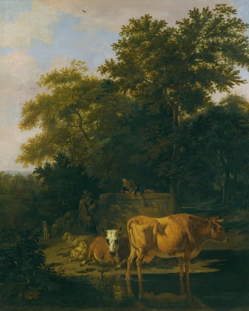 Adriaen van de Velde - A wooded landscape at dusk, with two herdsmen a dog, sheep and cattle