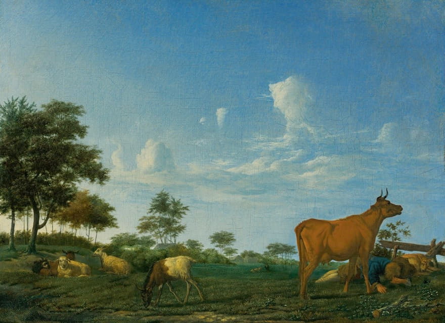 Adriaen van de Velde - A cow, sheep and goats in a meadow with a shepherd asleep