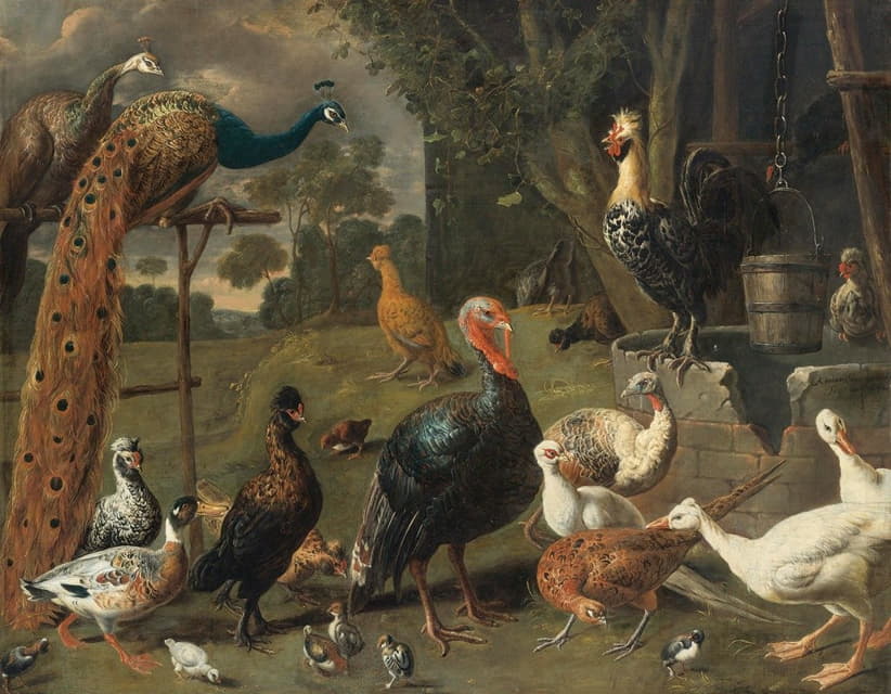 Adriaen van Utrecht - Peacock and peahen on a perch, turkeys, a pheasant and poultry by a well