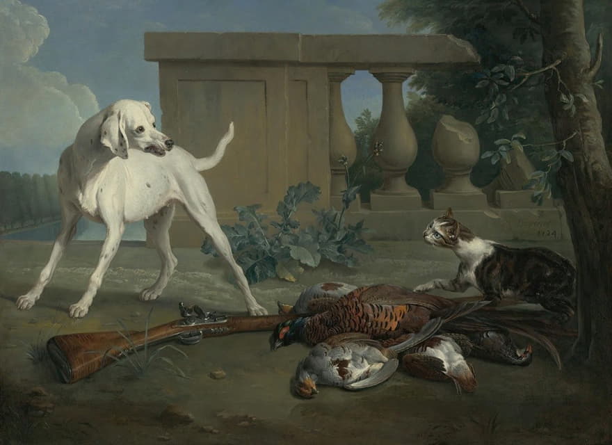 Alexandre François Desportes - A Hound Protecting A Bag Of Game From A Cat