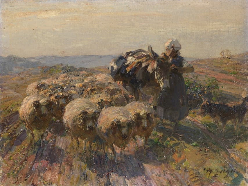 牧羊人和驴子在田野里放牧