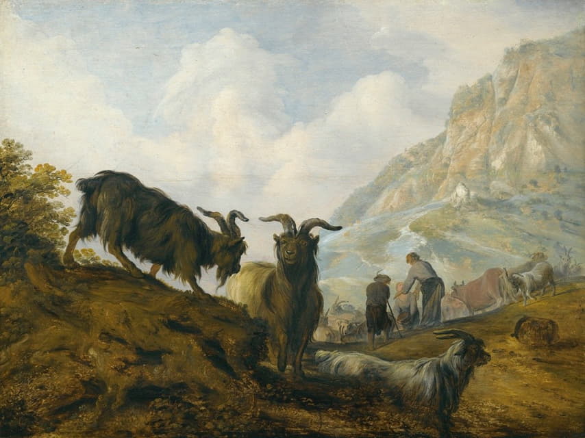 山坡上的山羊和远处的牧民
