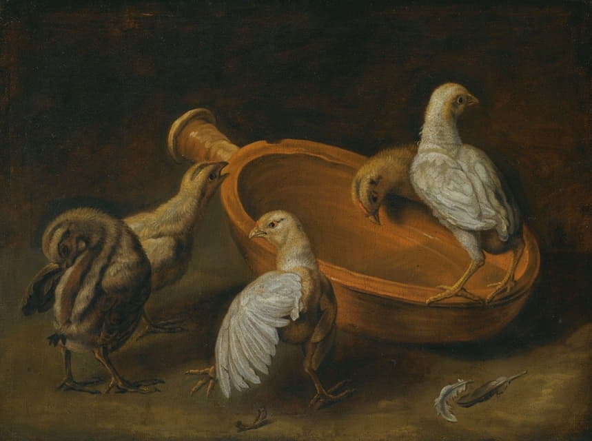 Jacobus Victors - Five Chicks Assembled Around A Bowl Of Water