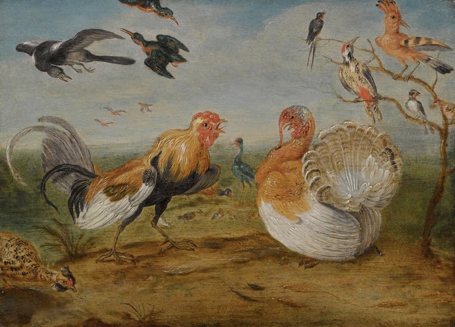 一只公鸡、一只火鸡和其他家禽争吵的场景