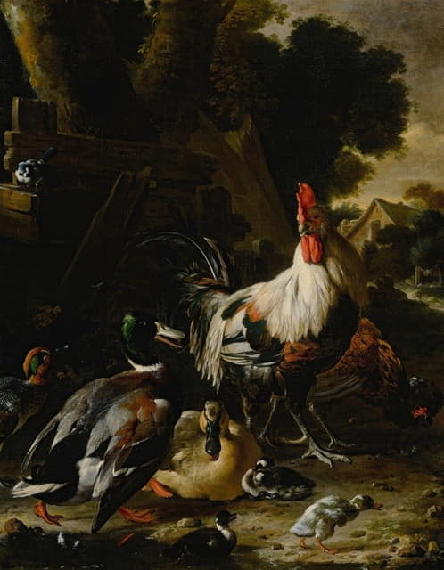Melchior d'Hondecoeter - Ducks, hens and other fowl in a yard