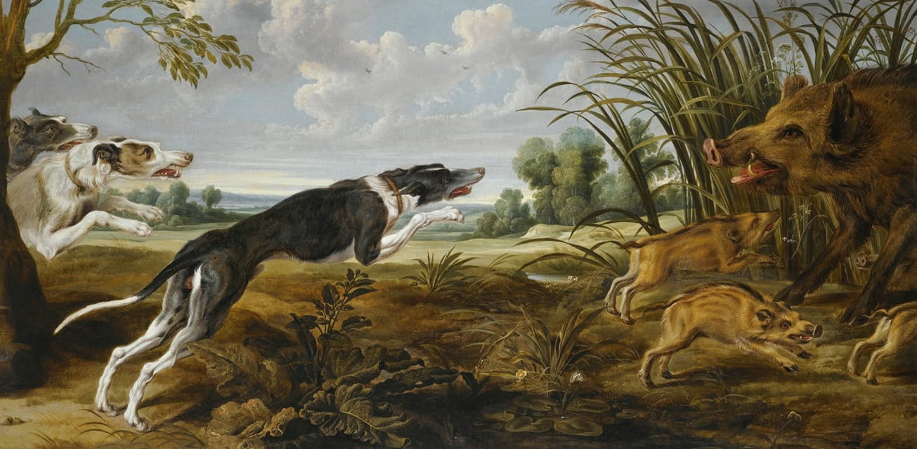 三只猎犬惊吓一头野猪及其幼崽的广阔景观