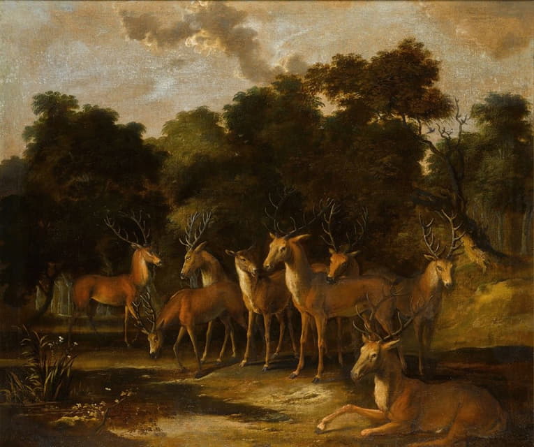 Dutch School - Stags and a hind by a pool in a forest clearing