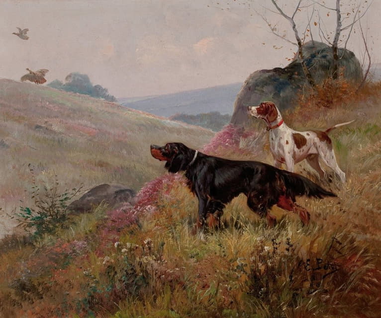 Eugene Petit - Landscape with Pointer and Setter