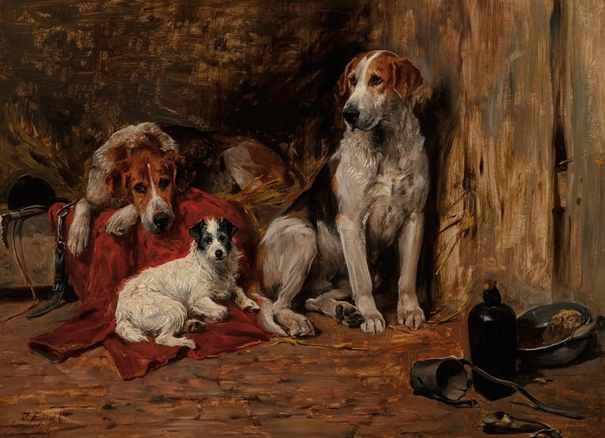 John Emms - Hounds and a Jack Russell in a stable