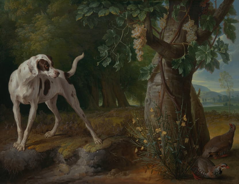 Alexandre François Desportes - Dog Pointing Partrideges in a Landscape