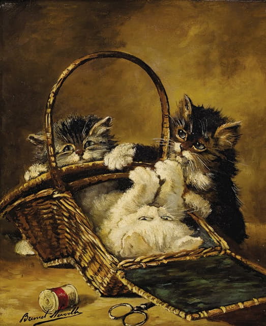 三只小猫在缝纫篮里玩耍