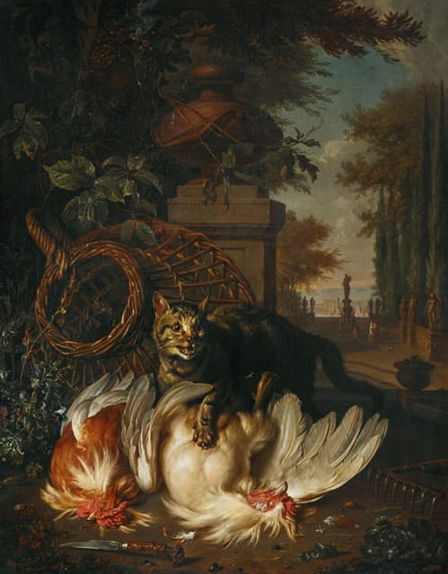 Dirk Valkenburg - A cat attacking chickens by a basket, a rake and a knife