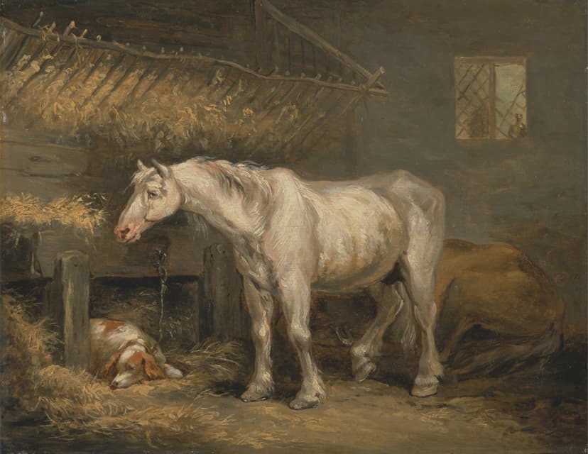George Morland - Old horses with a dog in a stable